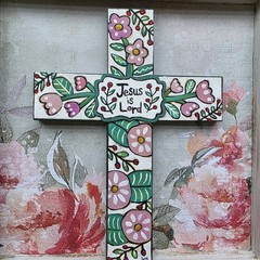 Folk Art ORIGINAL Christian Cross Jesus is Lord White Shabby Chic Pink Flowers