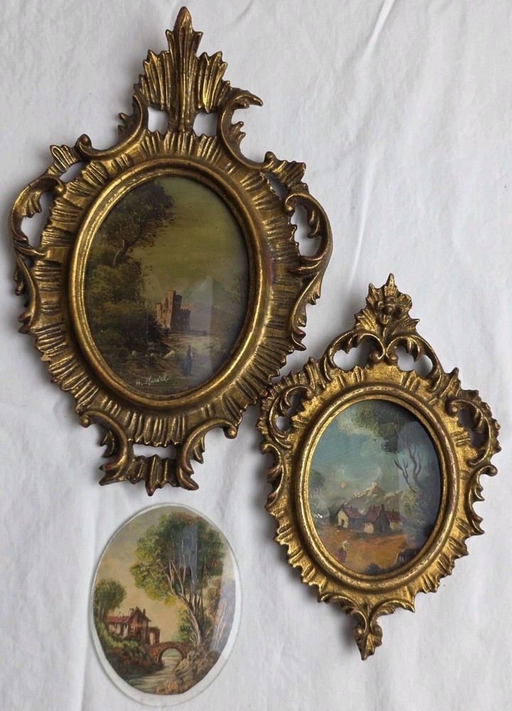 Lot of 3 Oil on Copper Miniature Oval Paintings Muriel Halstead 2 Gold Frames