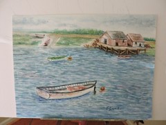 Boats Anchored in a Bay, Original 8 1/2 x 11 1/2 Watercolor Painting