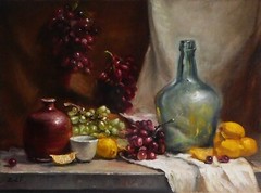 New Original Oil Painting Still Life Realism Glass Bottle, Vase w Fruits Signed
