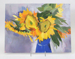 Original Oil on Belgian Linen Sunflowers in Blue Vase Still Life