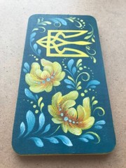Ukrainian patriotic original acrylic painting yellow blue flowers and trident