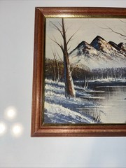 Vintage Original Oil On Hardboard Winter Mountains&Lake Landscape Framed