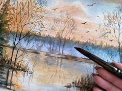 BIRDS FLYING FOGGY FOREST Bob Ross Style Original Artworks Painting MINE LAKE A4