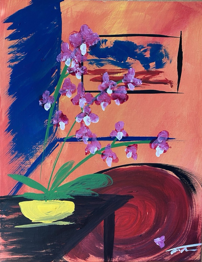Room With Orchid Original Acrylic Painting On Canvas Board Unframed, Signed