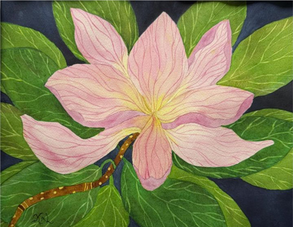 PAINTING WATERCOLOR 11X14 AND DOUBLE WHITE MAT 16X20 FLOWER MAGNOLIA PINK YELLOW