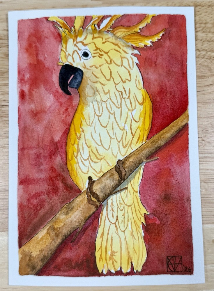 Painting by M. Hackney Bird Watercolor & Ink, Signed, Original, 5×7″ OOAK
