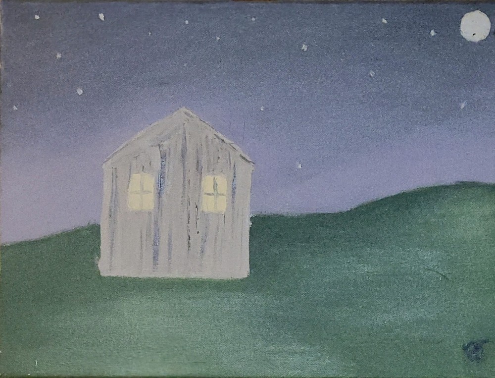 Signed Original Contemporary Art Night Landscape House Painting, Nature Theme