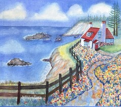 WATERCOLOR 12×12 Original Seascape View Cottage Coastal Waves Ocean Boats Art