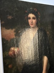 Large Antique Portrait 19th Century Master Woman Apples Glowing Landscape 46″