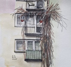 Original Watercolor Urban Sketch A4 – Winter Balconies Drawing