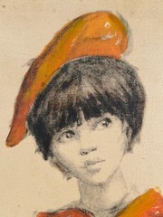 Vintage Boho Portrait Painting Signed Alex Mid Century Style Original Art
