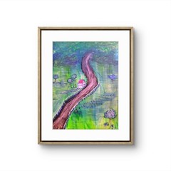 Winding Road to Home Original Acrylic Painting Whimsical Folk Landscape