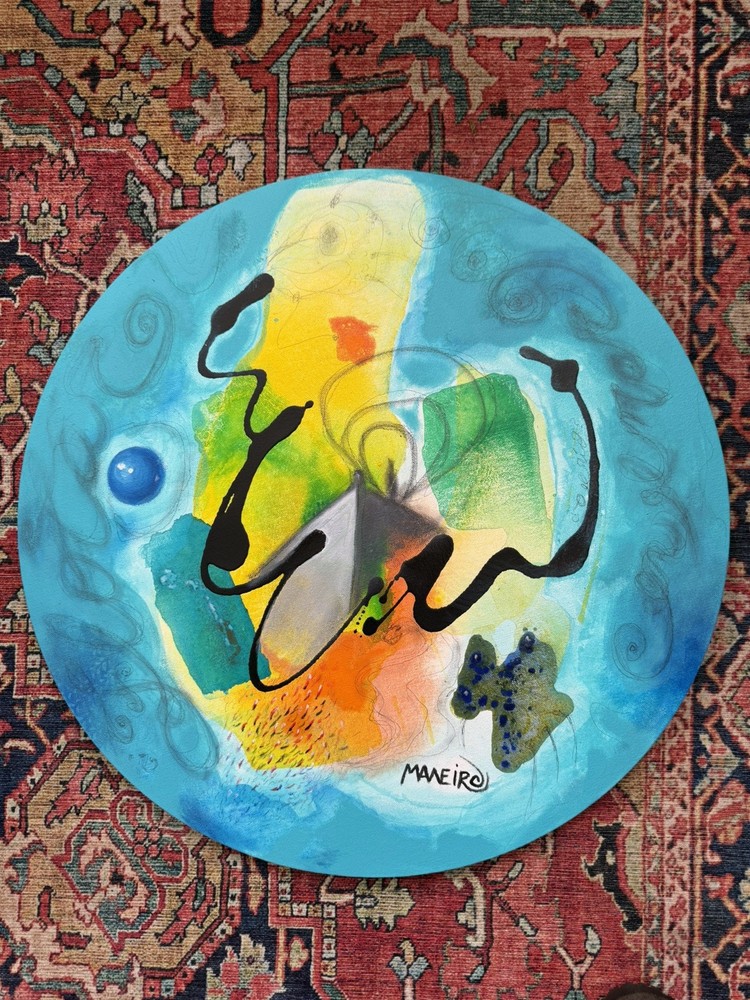 Original Mixed Media Abstract Painting 20” Signed ready to hang in round canvas.