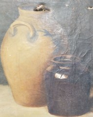 Antique American Folk Painting Oil On Canvas Signed Wiele Stoneware Pottery