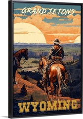 Grand Tetons Wyoming Cowboys Travel Poster Framed Canvas Old West Cowboy art