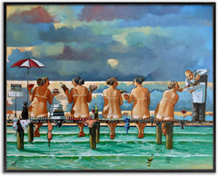 Framed Giclee Art: Women on Dock with Tan Lines, 30×24, Made in USA