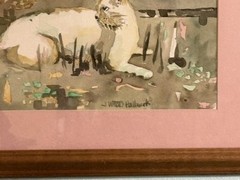 VTG Painting J Wood Hallmark Watercolor Abstract Cat 17×21 Signed Matted Framed