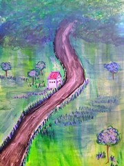 Winding Road to Home Original Acrylic Painting Whimsical Folk Landscape