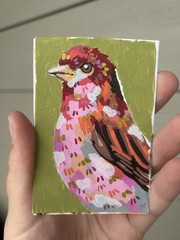 Abstract Male Purple Finch Bird ACEO ATC Original Acrylic Marker 2.5×3.5in