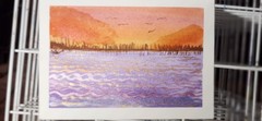 Lakescape At Sunset Original Impressionist Watercolor 5×7 Cotton Artist Signed
