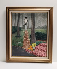 William Tompkins Evening Fall Landscape w/Lamppost & Decor Oil Painting 21X25