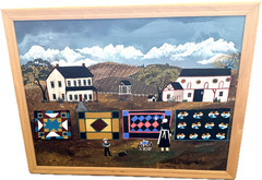 Linda M Brown Folk Art Painting Amish Quilts Vintage Large Wood Framed Signed