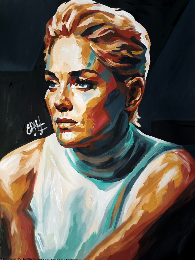 original portrait of Sharon Stone, paper, acrylic, handmade