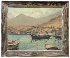 Vintage HUGH BOYCOTT BROWN Boats in Harbor Town PAINTING – Listed RSMA UK Artist
