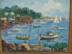 Antique Henrietta Beaumont North Shore Dock Scene Seascape O/B Painting
