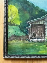 Antique Bucolic Signed Farm Cabin Watercolor Scene Original Silver Frame w/Glass