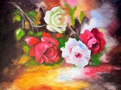 Original Oil Painting White Red Yellow Flowers Roses Still Life Artist Signed
