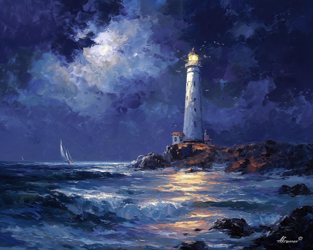 Leonid Afremov LONE LIGHTHOUSE Oil Painting 20″x16″ by Official Studio GICLEE