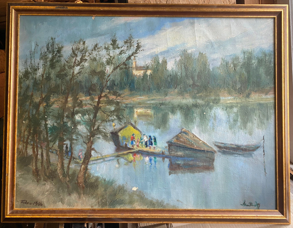 Oil painting signed Harbor Pier Boats Probably Asia River Bank 1986 Stamp Frame