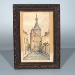 Antique French Watercolor, Medieval Clock Tower, Avallon, Burgundy, Signed, 1905