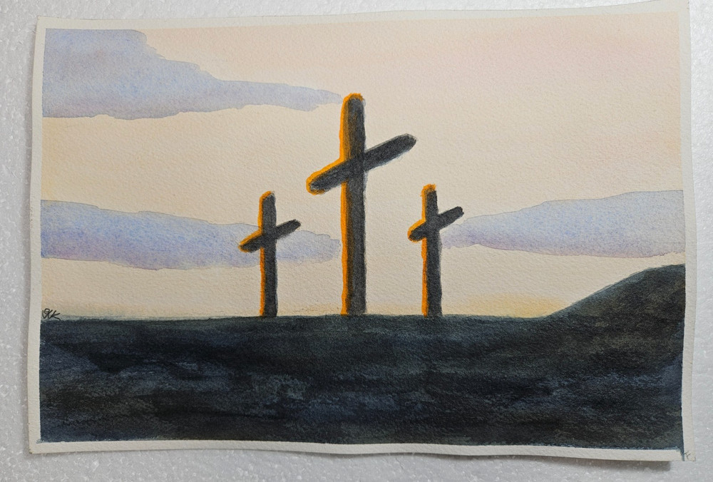 Original Watercolor Painting 3 Crosses Calvary Hill Christian Religious Art 10×7