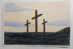 Original Watercolor Painting 3 Crosses Calvary Hill Christian Religious Art 10×7
