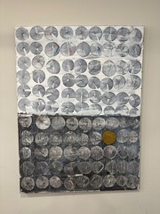 Large Abstract Painting white black and grey with gold accents titled 36×48 in