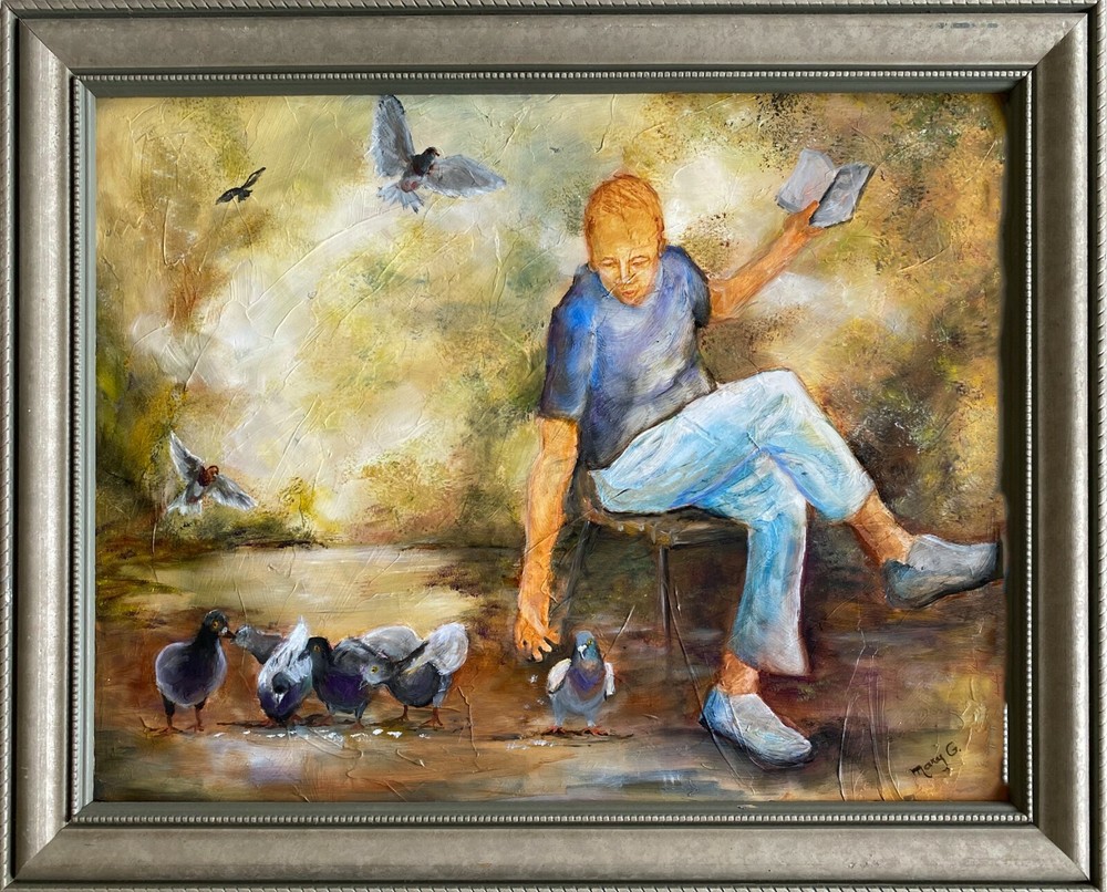 Feeding Pigeons Original Oil Painting on Gessoed Masonite Framed 12×16 by artist