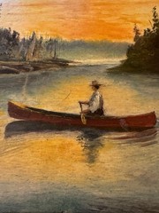 MANTON JUDAH NICKERSON Oil Painting~Man In Canoe at Sunset~Dated Sept 1936~12×9