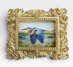 Flying Great Blue Heron mini watercolor bird & landscape print • ornate frame