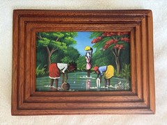 Rita Signed Framed Haitian Folk Art Acrylic Painting 2003 Women Landscape 9×6″
