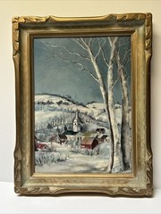 ANTIQUE ORNATE WOOD FRAME AND LANDSCAPE WINTER CHURCH MYSTERY OIL IMPRESSIONIST