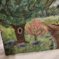 Vintage Hand Painted Slate Walking Path And Flowers Scene Landscape 13×9.5in