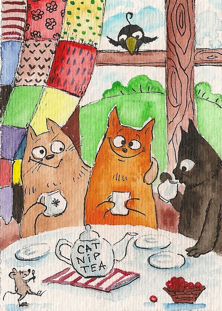 Print of ACEO WATERCOLOR PAINTING RYTA BLACK CAT CATNIP CROW FOLK TEA MOUSE ART