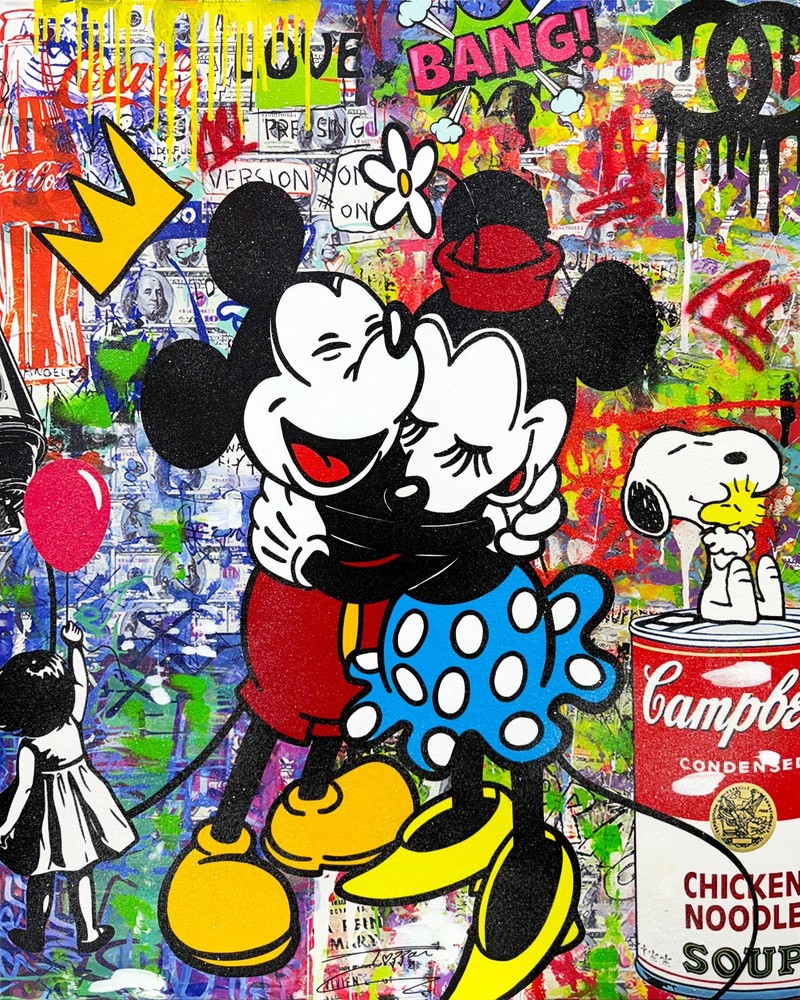 Jozza „Big Hug!“ | Huge Original Painting w/ Diamond Dust 60×48″ Mickey Minnie