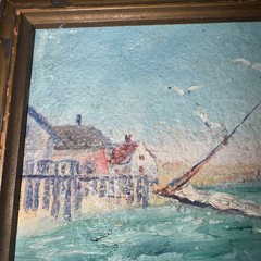 Antique Oil on Board Painting – New England Maritime Shore Fisherman on Dock