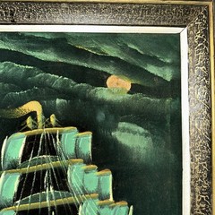 VINTAGE VELVET PAINTING OF MOONLIT SHIP ON SEA DARK AND MOODY COOL! 22″ X `13″