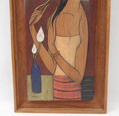 Udom Thai Vintage Modernist Painting Wood Carving Woman Still Life Figure