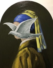 Original Oil Painting Canvas Wall Art Contemporary Lady Vermeer Bird Surrealism